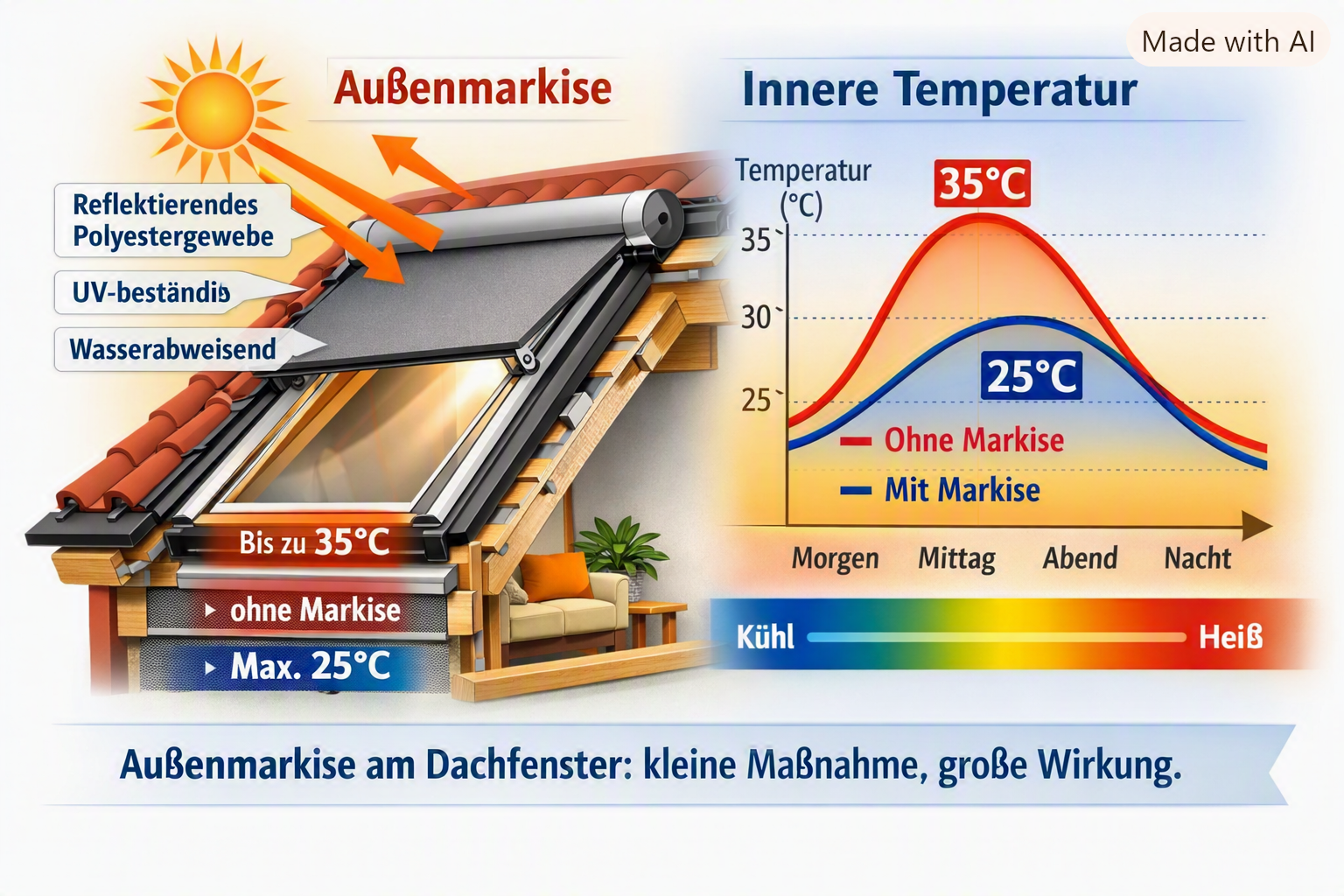 Aussenmarkiesemit Temperaturverlauf Schnitt des Dachfensters mit außenliegender Markise und die Temperaturkurven mit und ohne Markise